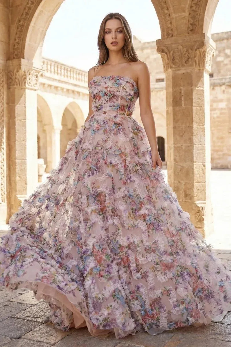 Loverlm blush pink floral A-line prom dress with strapless bodice and dimensional ruffle details front view
