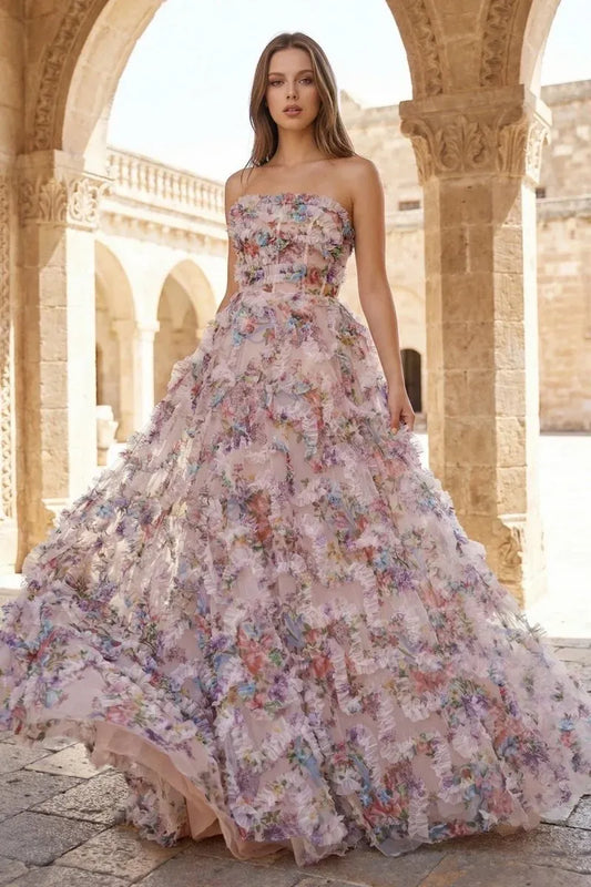 Loverlm blush pink floral A-line prom dress with strapless bodice and dimensional ruffle details front view