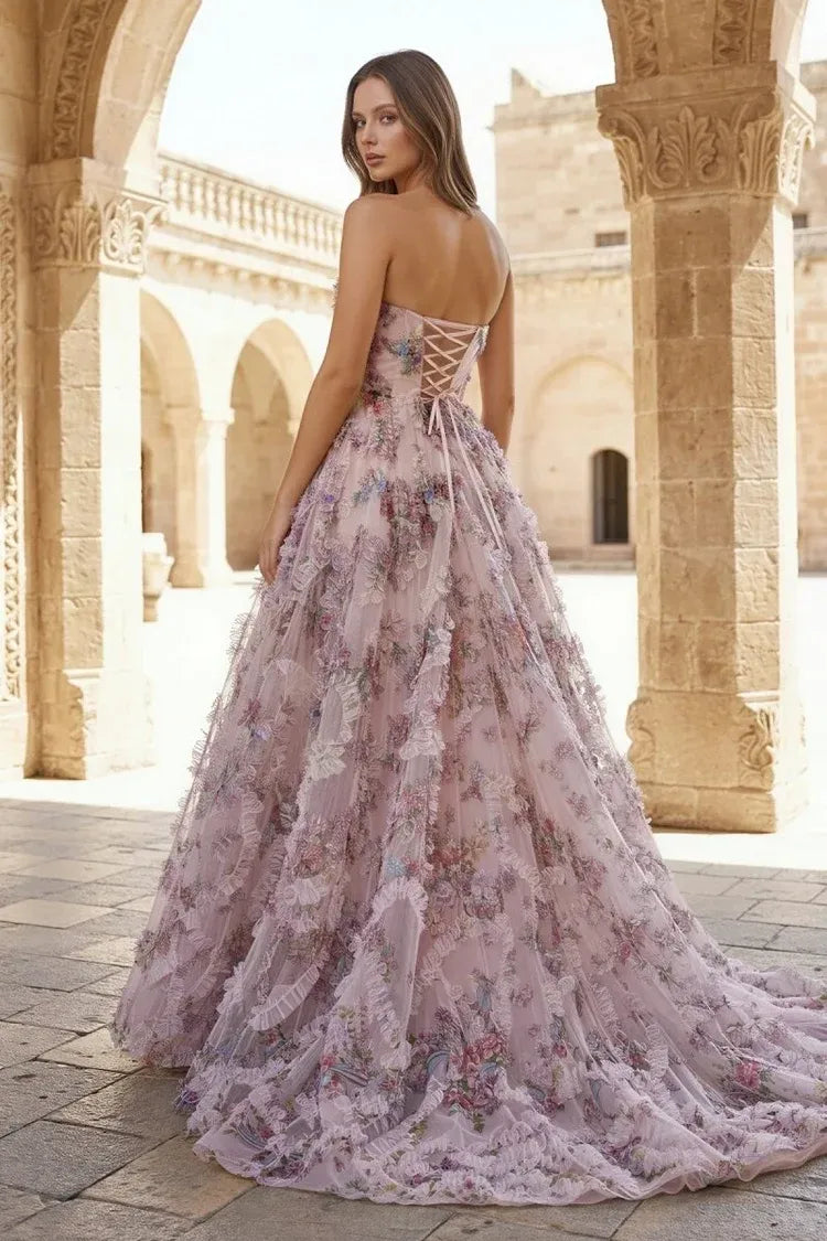 Romantic Floral A-Line Strapless Sleeveless Lace-Up Back Floor-Length Prom Dress