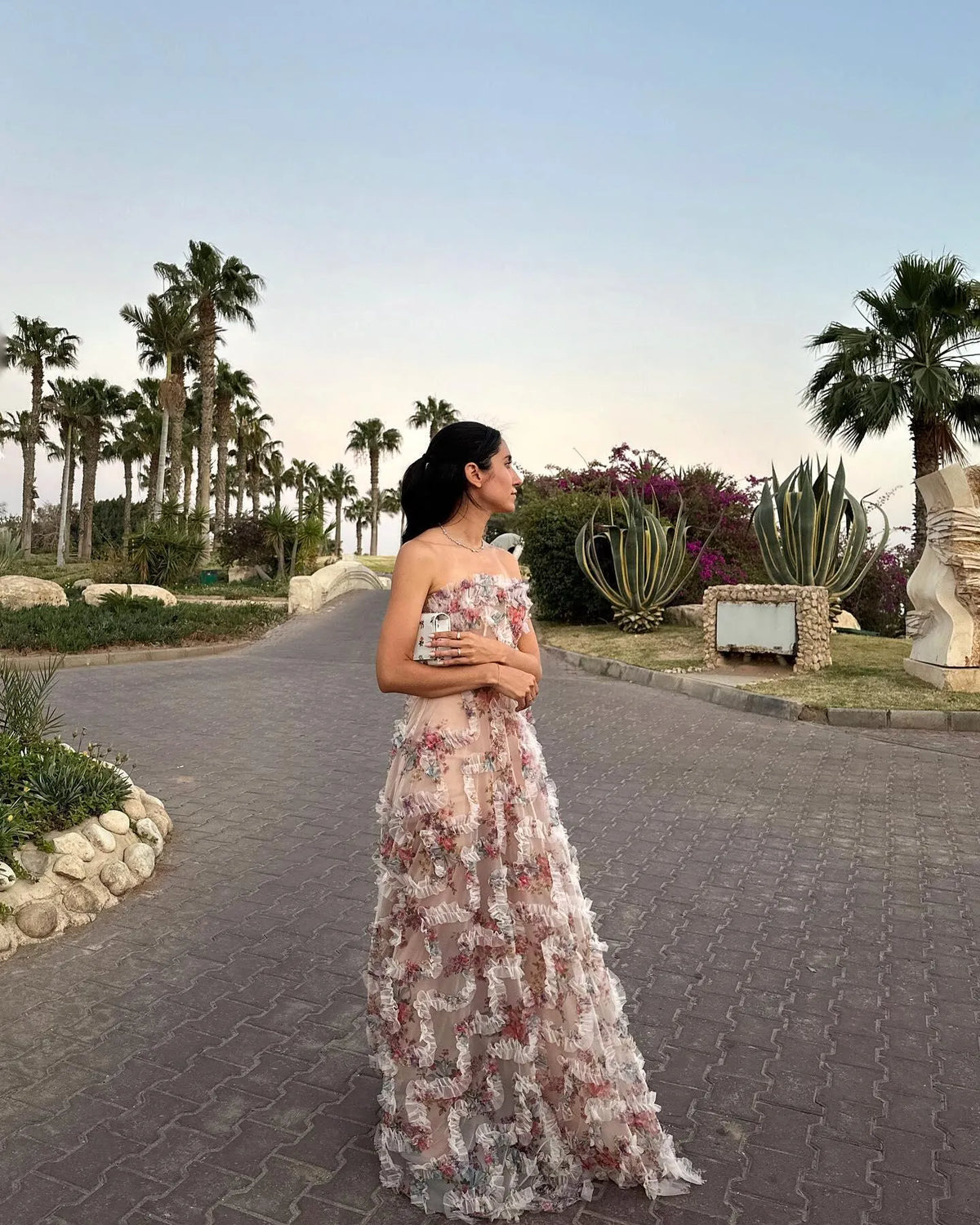 Romantic Floral A-Line Strapless Sleeveless Lace-Up Back Floor-Length Prom Dress
