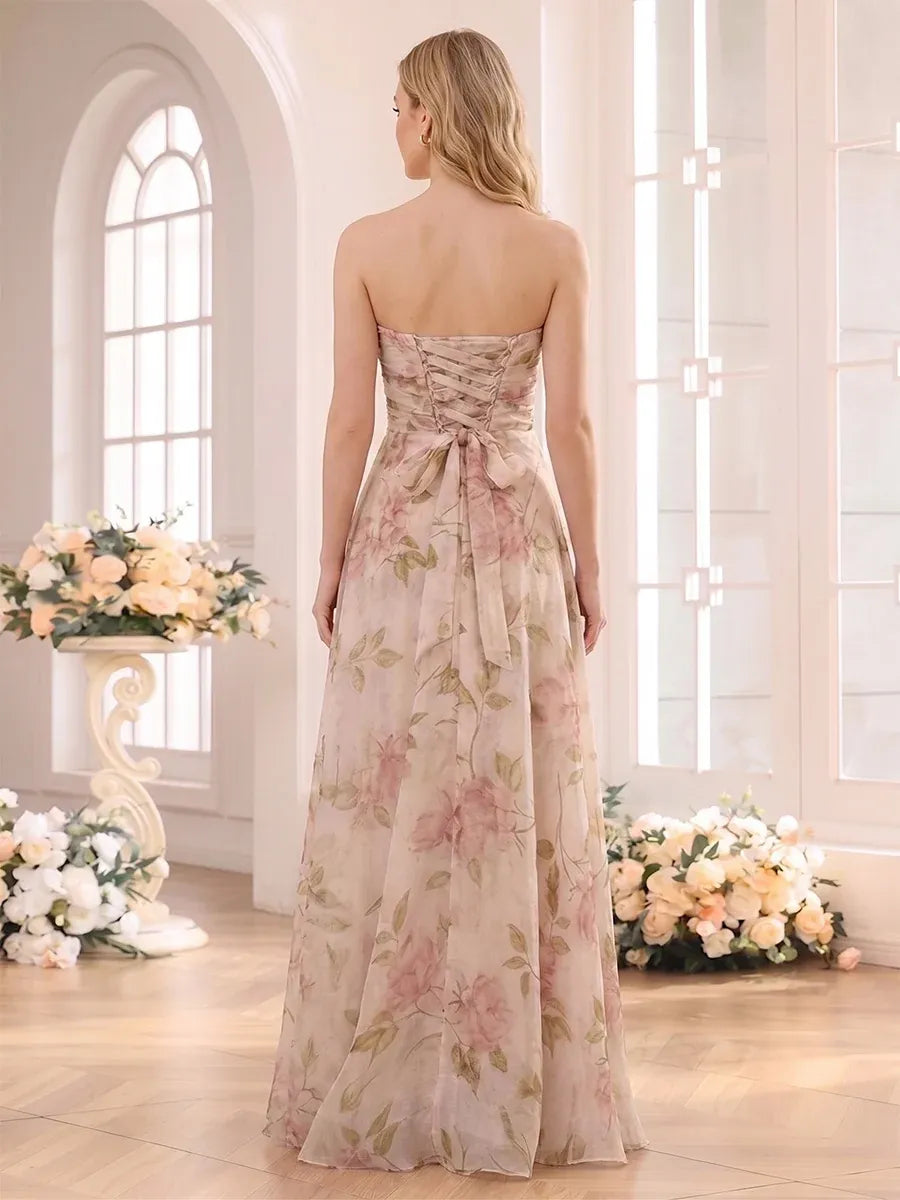 Romantic A-Line Strapless Sleeveless Lace-Up Floral Floor-Length Wedding Guest Dress