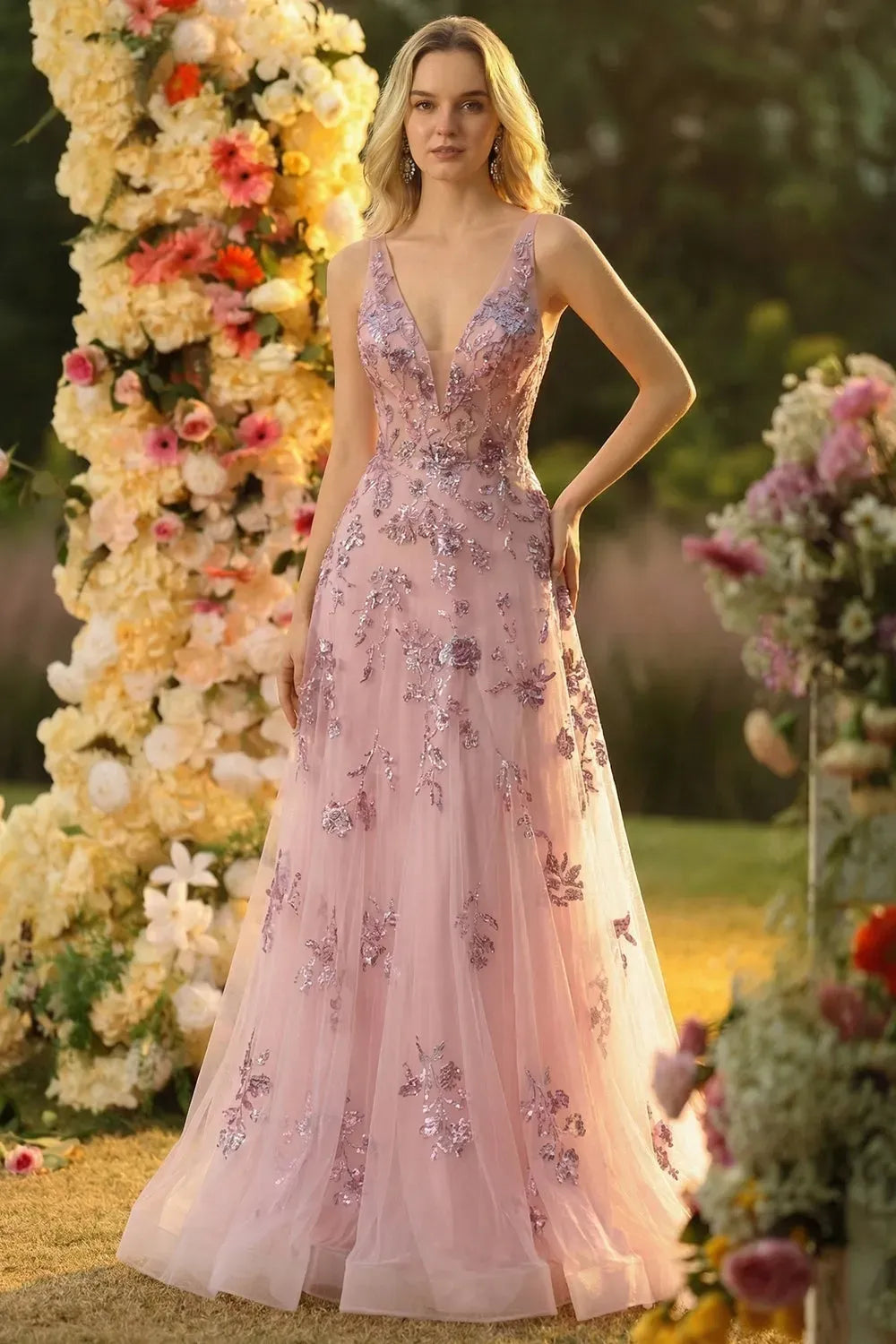 Loverlm blush pink floral A-line wedding guest dress with plunging V-neckline, shimmering embellishments and flowing floor-length tulle skirt