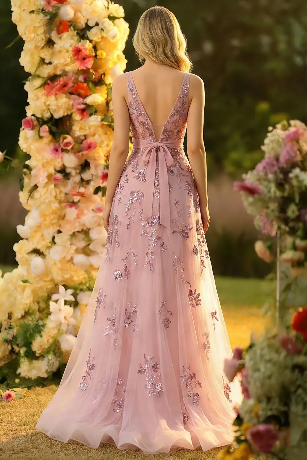 Romantic A-Line Plunging V-Neck Sleeveless V-Back Floor-Length Wedding Guest Dress