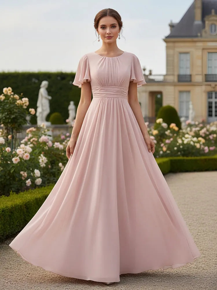 Loverlm blush pink Mother of the Bride dress with round neckline flutter sleeves ruched waist and floor-length A-line chiffon skirt