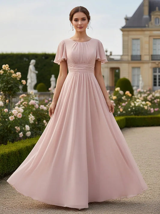 Loverlm blush pink Mother of the Bride dress with round neckline flutter sleeves ruched waist and floor-length A-line chiffon skirt