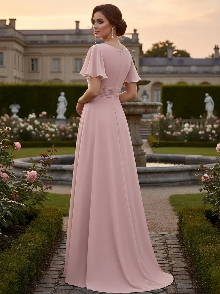 Elegant A-Line Round-Neck Flutter-Sleeve Chiffon Floor-Length Mother of the Bride Dress
