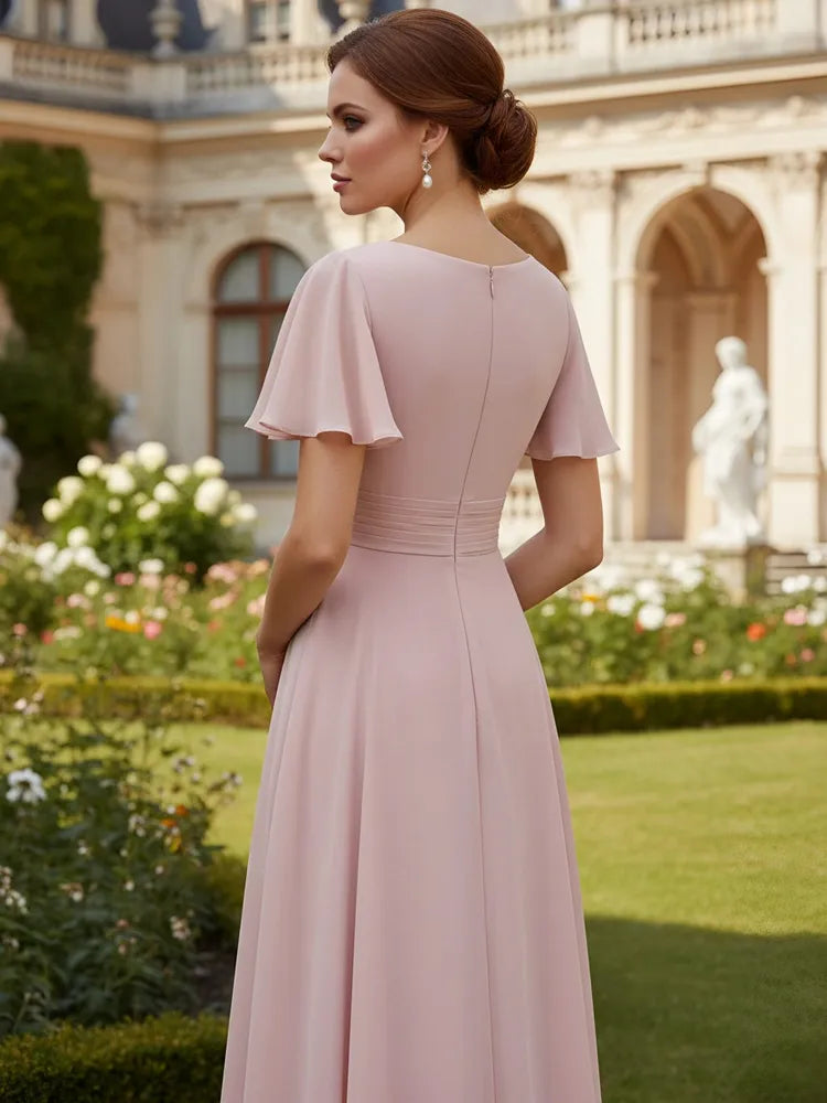 Elegant A-Line Round-Neck Flutter-Sleeve Chiffon Floor-Length Mother of the Bride Dress
