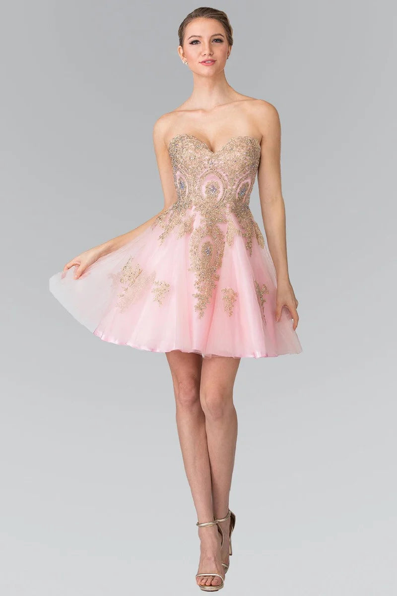 Loverlm blush pink gold embellished sweetheart tulle mini homecoming dress front view