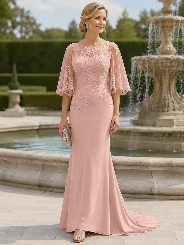 Loverlm blush pink Mother of the Bride dress with lace bodice bateau neckline sheer cape sleeves and floor-length mermaid skirt