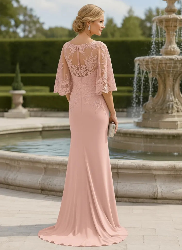 Elegant Mermaid Bateau-Neck Cape-Sleeve Lace Floor-Length Mother of the Bride Dress