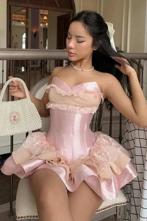 Romantic A-Line Sweetheart Strapless Lace-Up Ruffled Mini Homecoming Dress