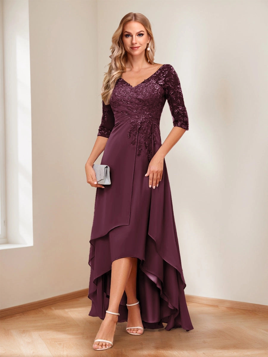 Romantic Blush A-Line V-Neck Three-Quarter-Sleeve Lace-Up High-Low Mother of the Bride Dress