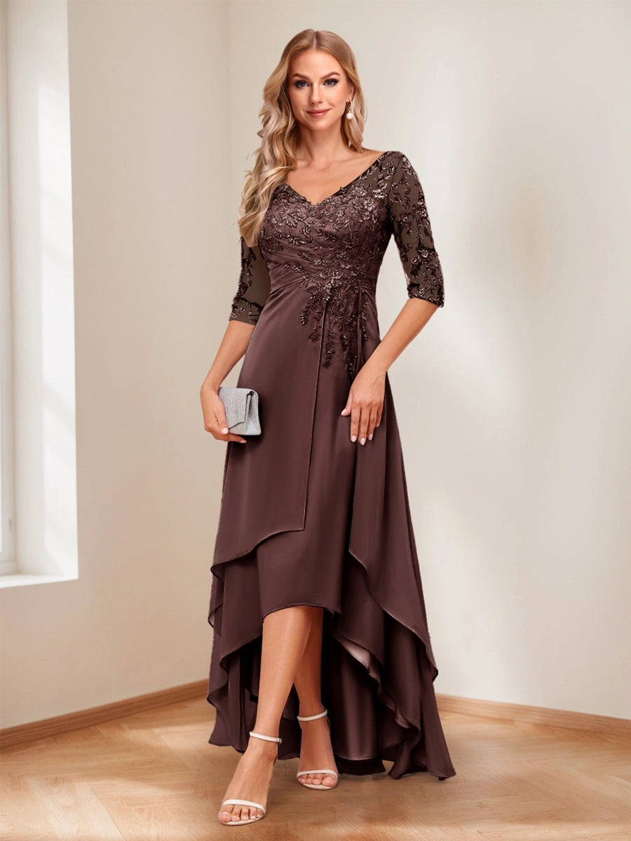 Romantic Blush A-Line V-Neck Three-Quarter-Sleeve Lace-Up High-Low Mother of the Bride Dress