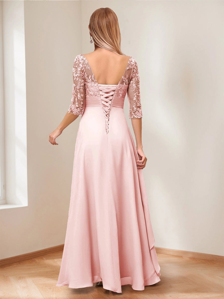 Romantic Blush A-Line V-Neck Three-Quarter-Sleeve Lace-Up High-Low Mother of the Bride Dress