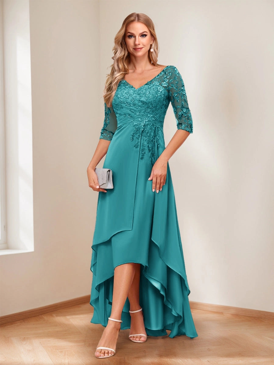 Romantic Blush A-Line V-Neck Three-Quarter-Sleeve Lace-Up High-Low Mother of the Bride Dress