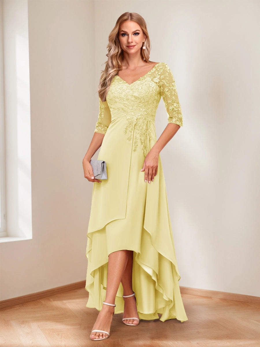 Romantic Blush A-Line V-Neck Three-Quarter-Sleeve Lace-Up High-Low Mother of the Bride Dress