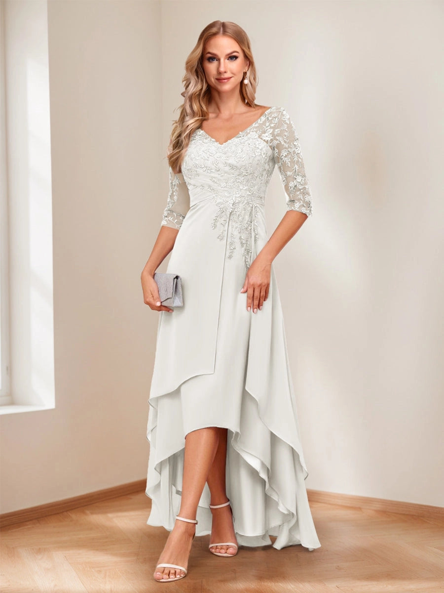 Romantic Blush A-Line V-Neck Three-Quarter-Sleeve Lace-Up High-Low Mother of the Bride Dress