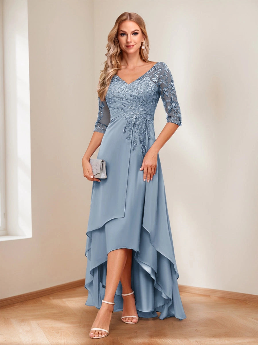 Romantic Blush A-Line V-Neck Three-Quarter-Sleeve Lace-Up High-Low Mother of the Bride Dress