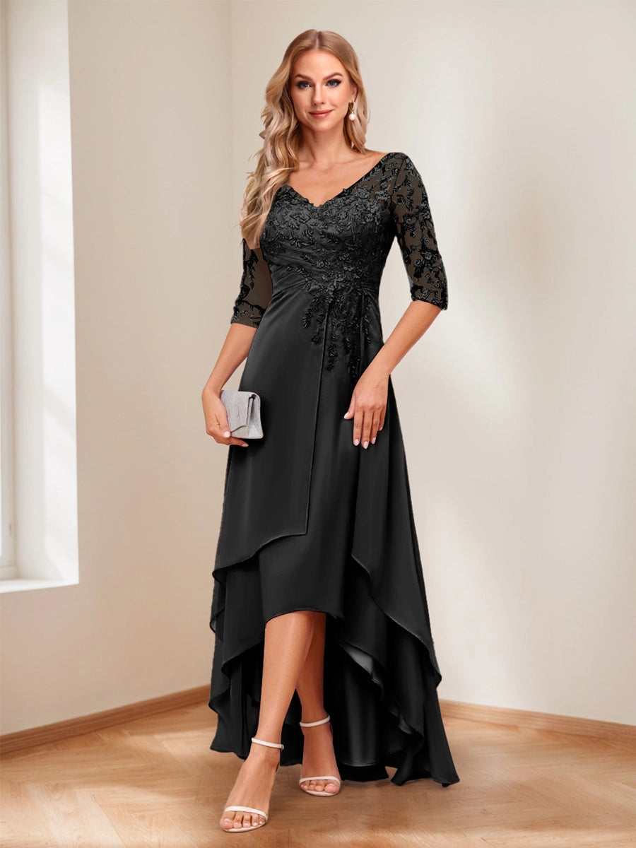 Romantic Blush A-Line V-Neck Three-Quarter-Sleeve Lace-Up High-Low Mother of the Bride Dress