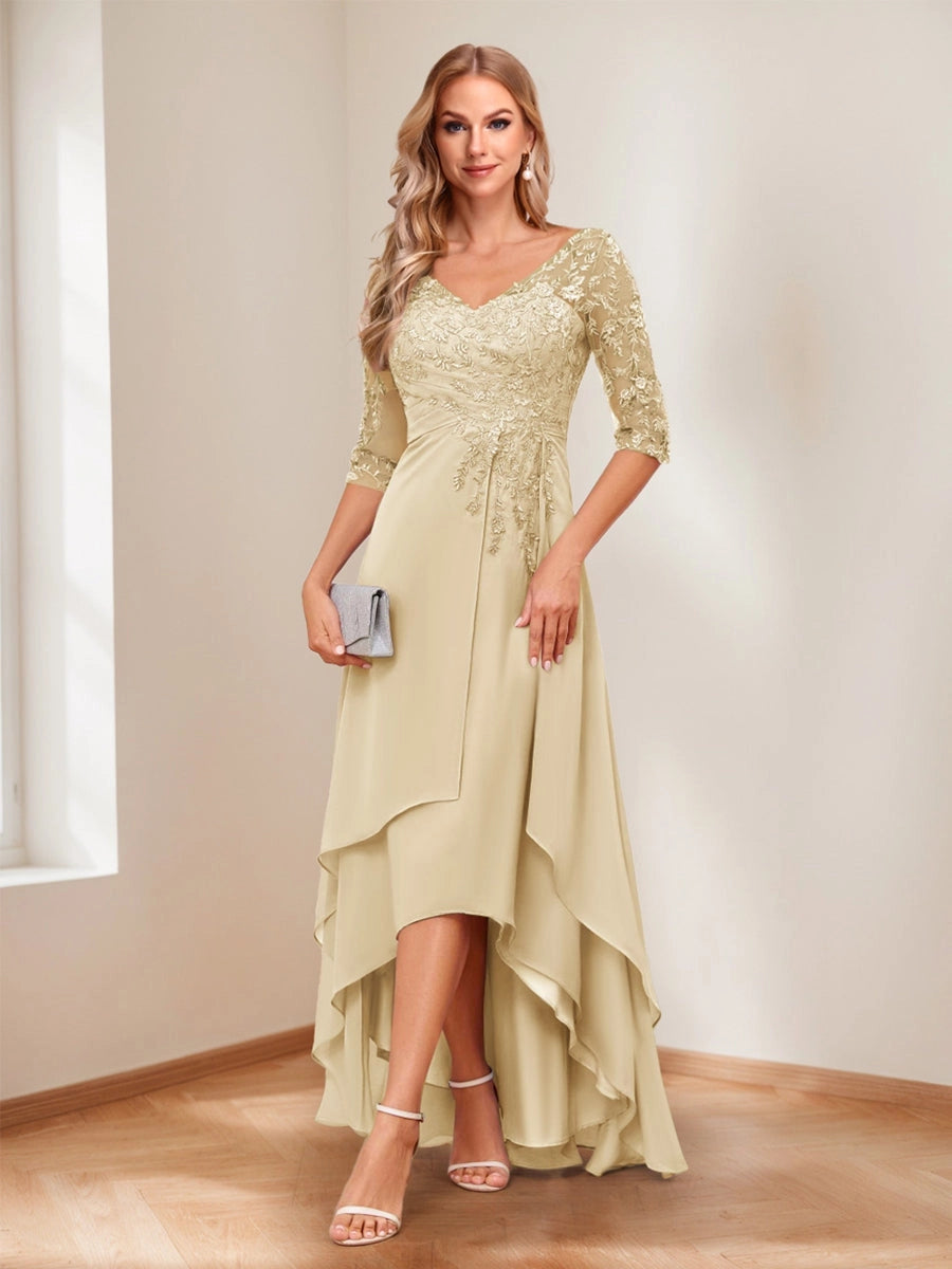 Romantic Blush A-Line V-Neck Three-Quarter-Sleeve Lace-Up High-Low Mother of the Bride Dress