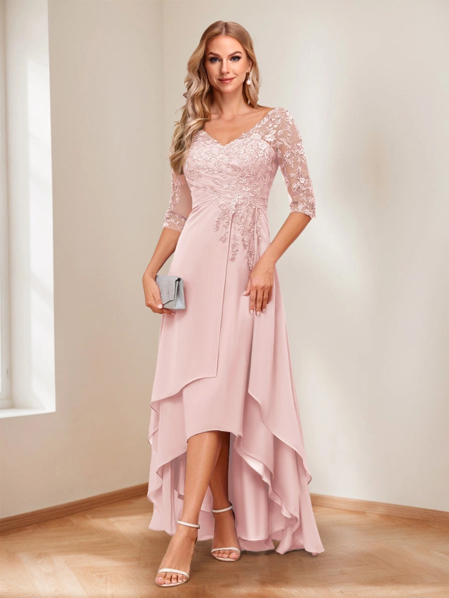 Romantic Blush A-Line V-Neck Three-Quarter-Sleeve Lace-Up High-Low Mother of the Bride Dress