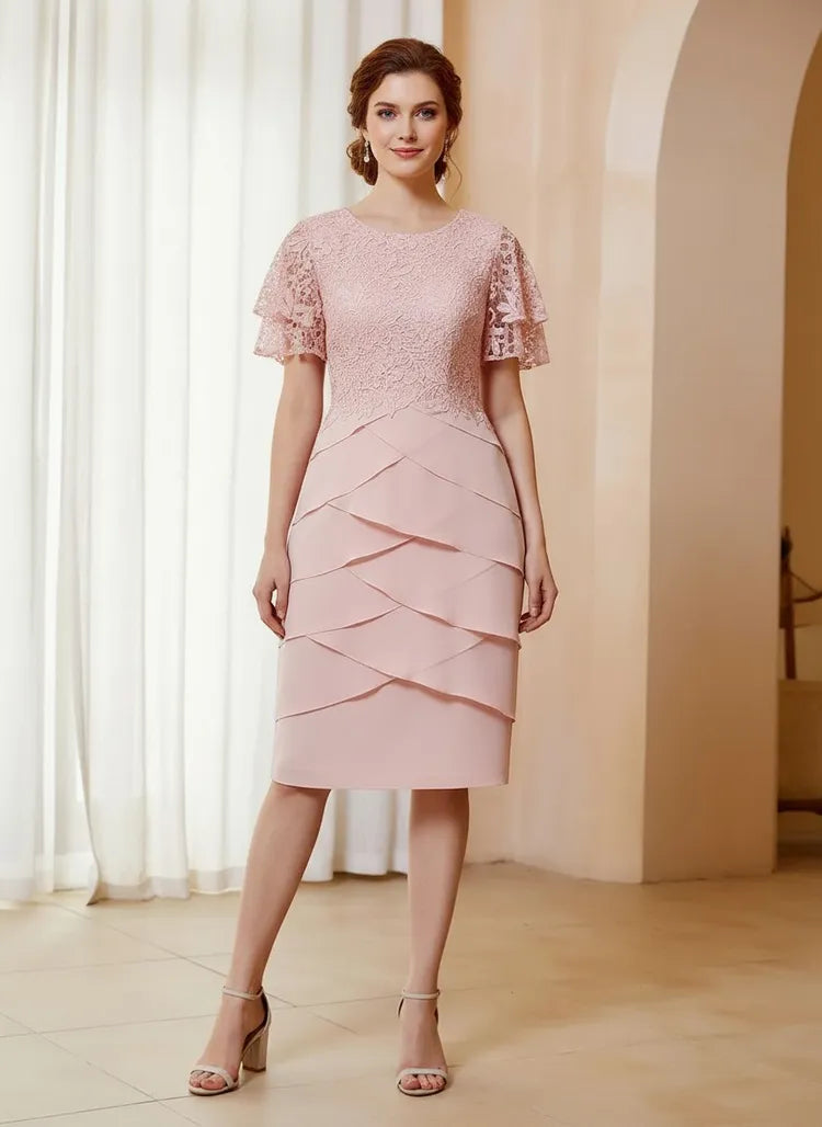 Loverlm blush pink Mother of the Bride dress with round neckline lace bodice flutter sleeves layered skirt and knee-length sheath silhouette
