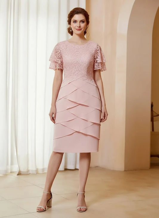 Loverlm blush pink Mother of the Bride dress with round neckline lace bodice flutter sleeves layered skirt and knee-length sheath silhouette