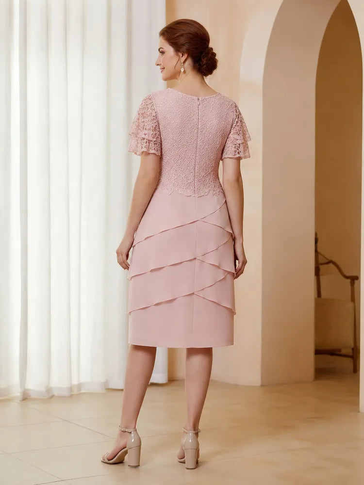 Elegant Sheath Round-Neck Flutter-Sleeve Lace Knee-Length Mother of the Bride Dress
