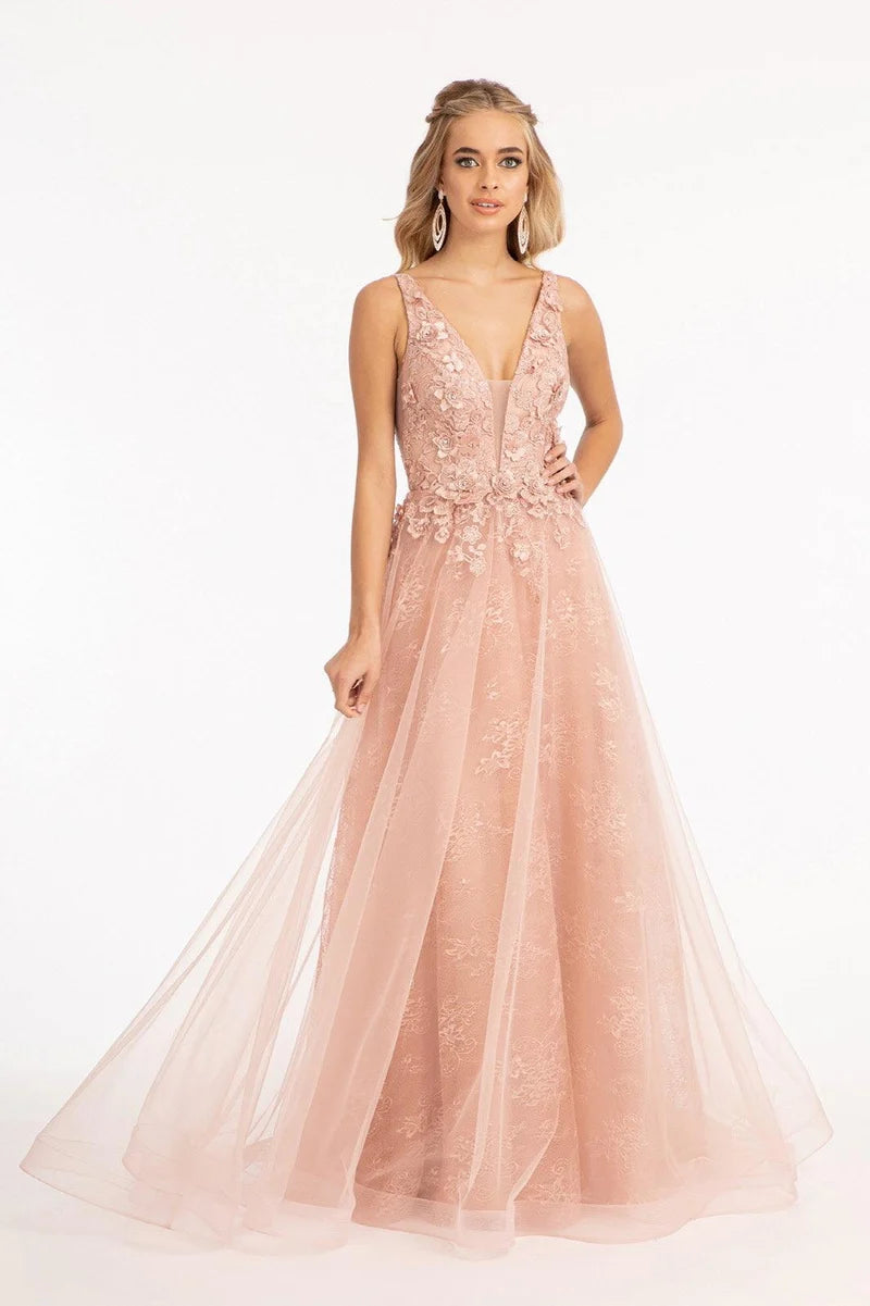 Loverlm blush pink plunging V-neck lace A-line prom dress front view