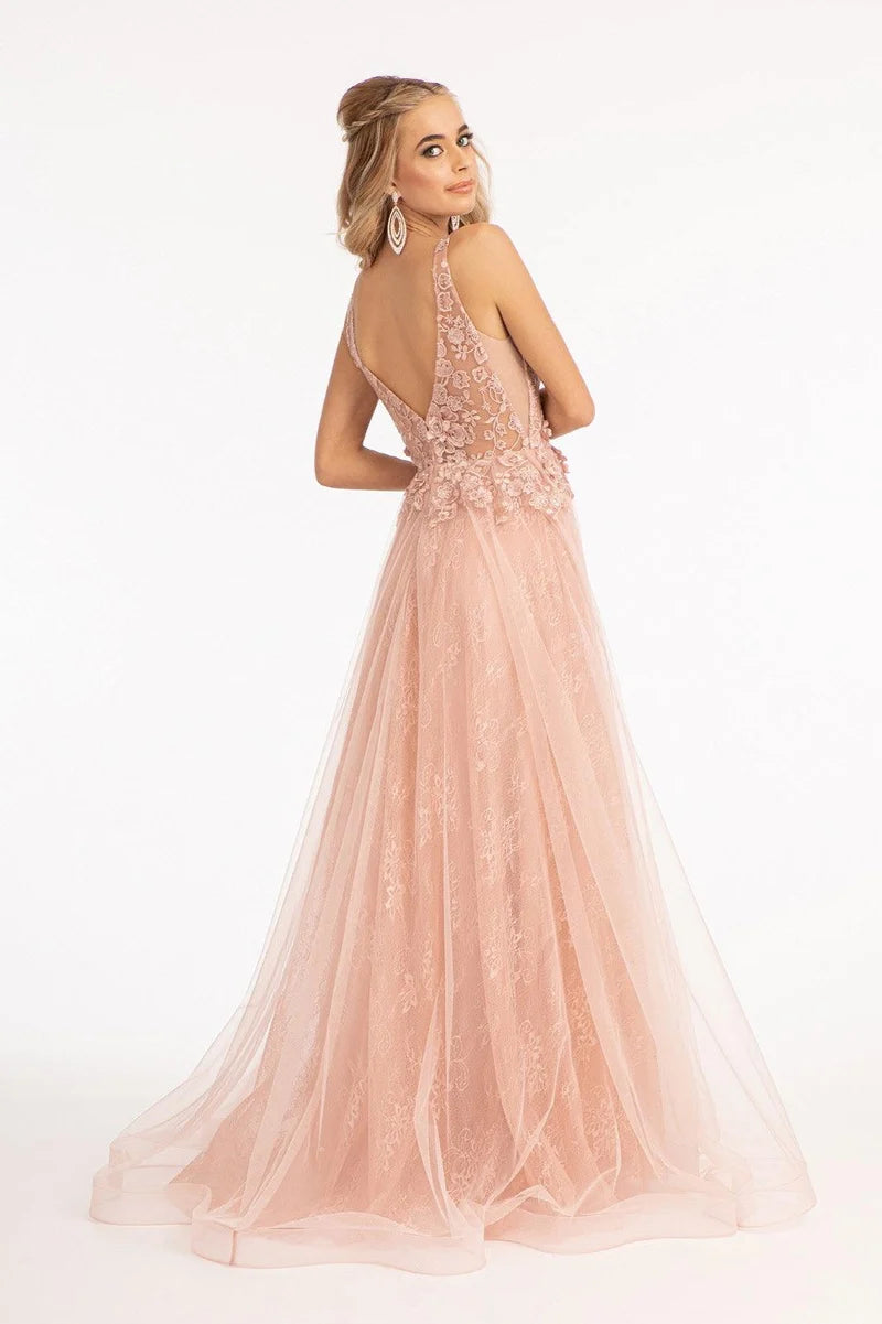 Romantic A-Line Plunging-V Sleeveless Low-Back Lace Floor-Length Prom Dress