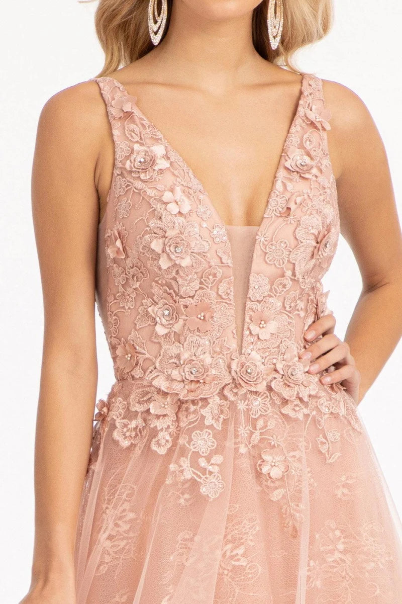 Romantic A-Line Plunging-V Sleeveless Low-Back Lace Floor-Length Prom Dress