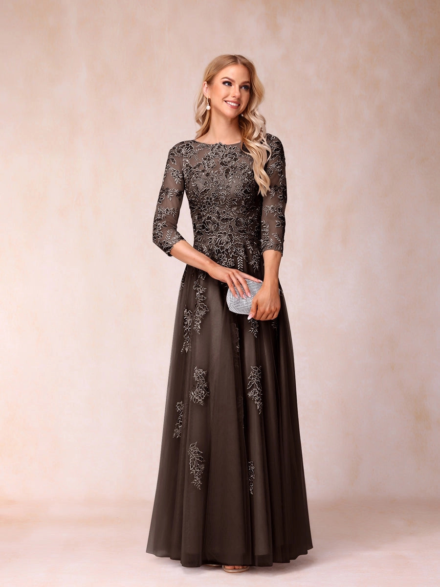 Elegant Silver-Gray A-Line Illusion-Neck Three-Quarter-Sleeve V-Back Floor-Length Mother of the Bride Dress