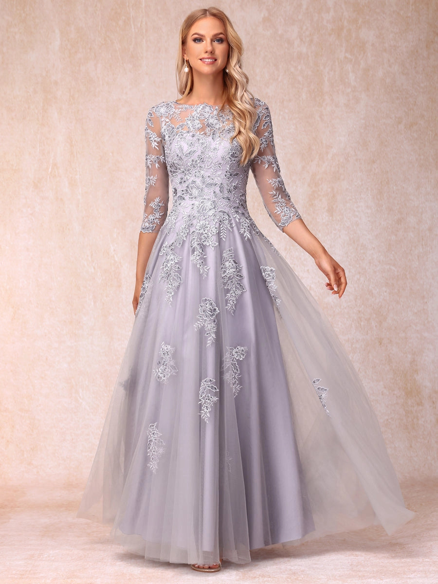 Elegant Silver-Gray A-Line Illusion-Neck Three-Quarter-Sleeve V-Back Floor-Length Mother of the Bride Dress
