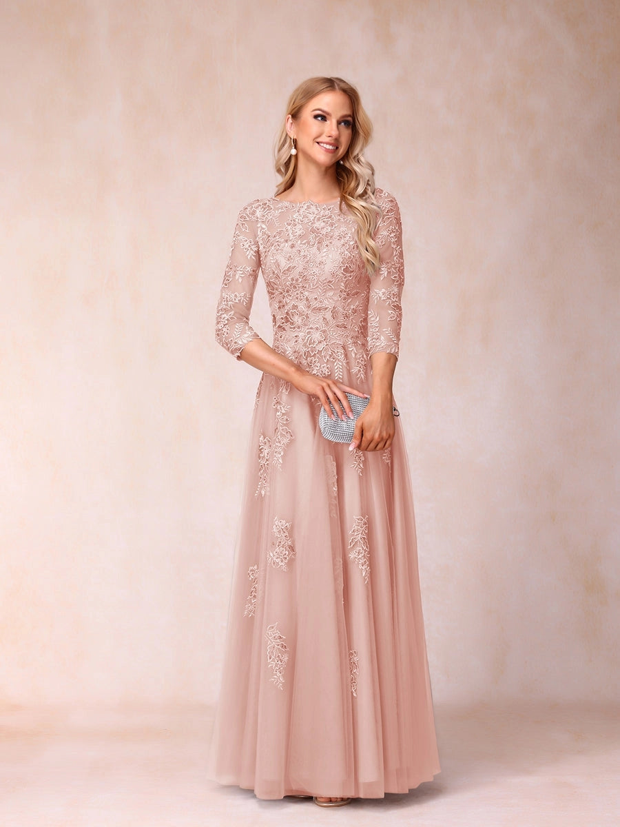 Elegant Silver-Gray A-Line Illusion-Neck Three-Quarter-Sleeve V-Back Floor-Length Mother of the Bride Dress
