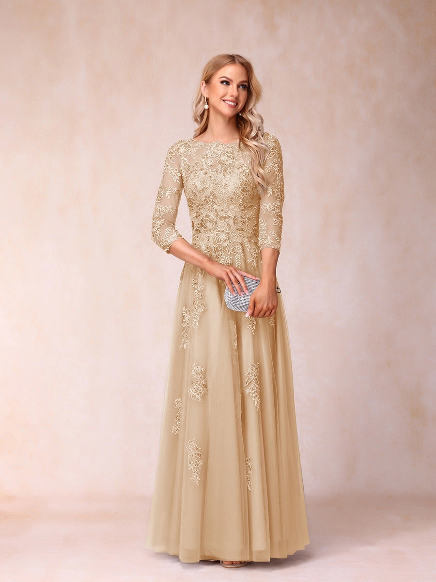 Elegant Silver-Gray A-Line Illusion-Neck Three-Quarter-Sleeve V-Back Floor-Length Mother of the Bride Dress