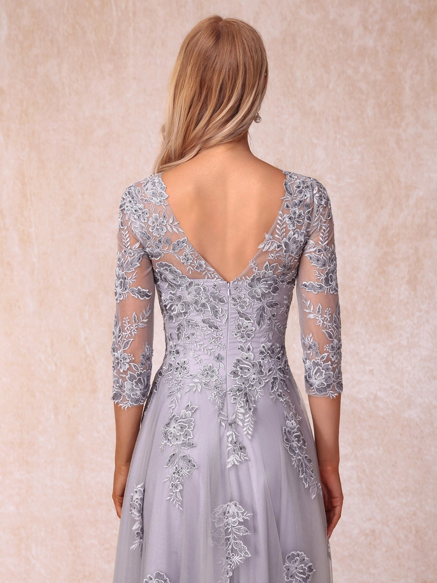 Elegant Silver-Gray A-Line Illusion-Neck Three-Quarter-Sleeve V-Back Floor-Length Mother of the Bride Dress