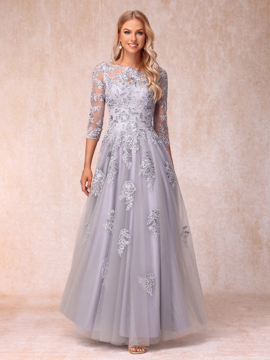 Loverlm silver gray A-line mother of the bride dress front view with floral lace illusion neckline, three-quarter sleeves and embroidered tulle skirt