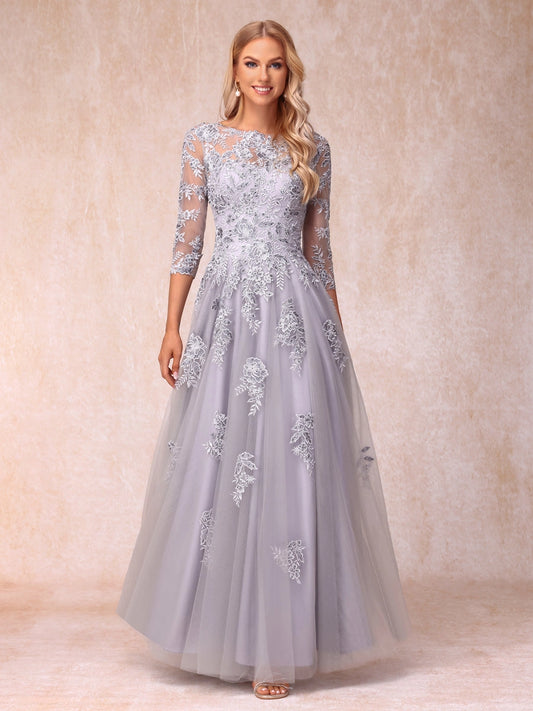 Loverlm silver gray A-line mother of the bride dress front view with floral lace illusion neckline, three-quarter sleeves and embroidered tulle skirt