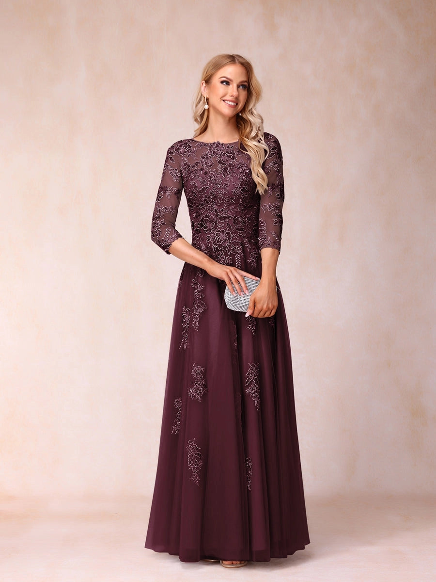 Elegant Silver-Gray A-Line Illusion-Neck Three-Quarter-Sleeve V-Back Floor-Length Mother of the Bride Dress