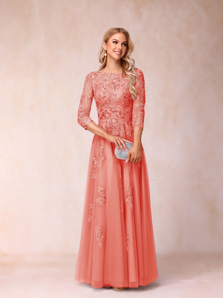 Elegant Silver-Gray A-Line Illusion-Neck Three-Quarter-Sleeve V-Back Floor-Length Mother of the Bride Dress