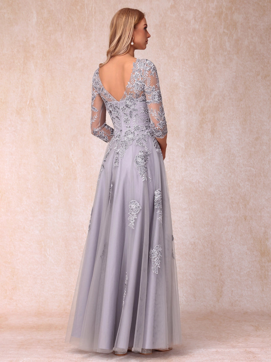 Elegant Silver-Gray A-Line Illusion-Neck Three-Quarter-Sleeve V-Back Floor-Length Mother of the Bride Dress