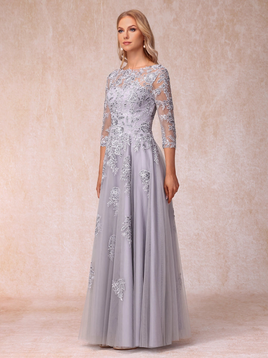 Elegant Silver-Gray A-Line Illusion-Neck Three-Quarter-Sleeve V-Back Floor-Length Mother of the Bride Dress