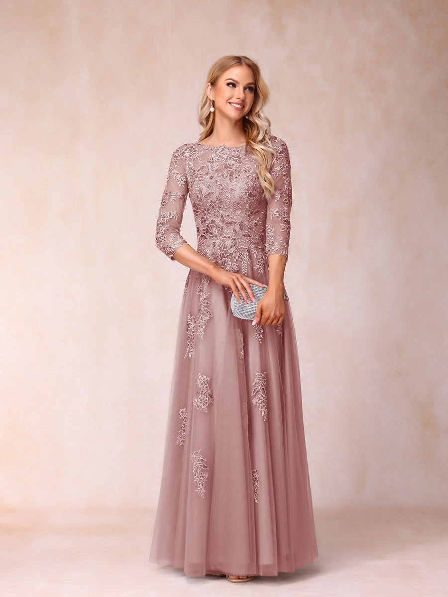Elegant Silver-Gray A-Line Illusion-Neck Three-Quarter-Sleeve V-Back Floor-Length Mother of the Bride Dress