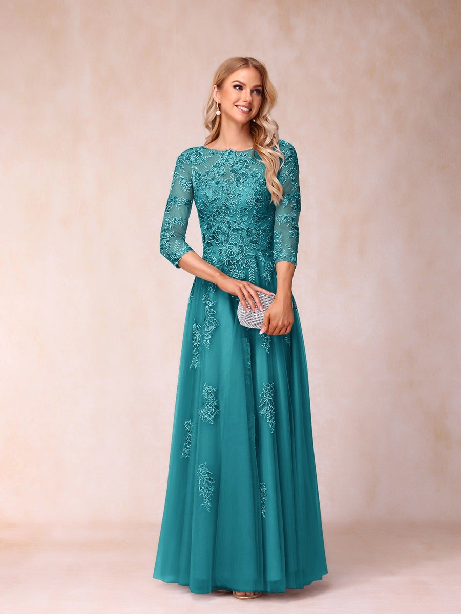 Elegant Silver-Gray A-Line Illusion-Neck Three-Quarter-Sleeve V-Back Floor-Length Mother of the Bride Dress