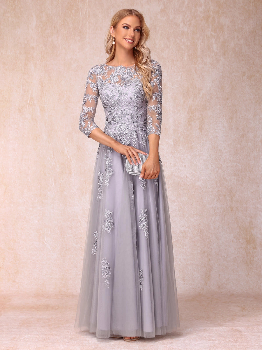 Elegant Silver-Gray A-Line Illusion-Neck Three-Quarter-Sleeve V-Back Floor-Length Mother of the Bride Dress
