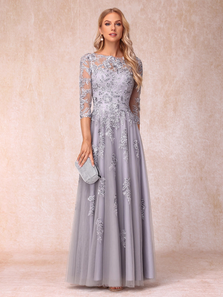 Elegant Silver-Gray A-Line Illusion-Neck Three-Quarter-Sleeve V-Back Floor-Length Mother of the Bride Dress