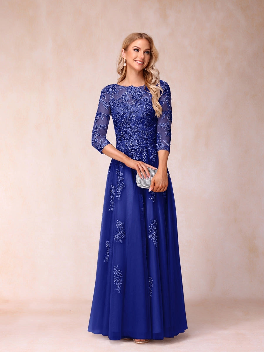 Elegant Silver-Gray A-Line Illusion-Neck Three-Quarter-Sleeve V-Back Floor-Length Mother of the Bride Dress