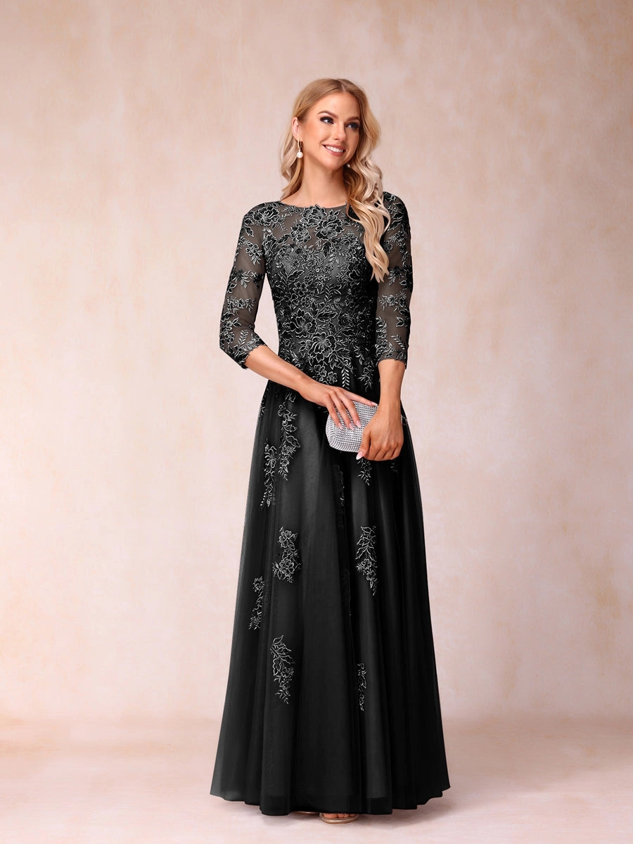 Elegant Silver-Gray A-Line Illusion-Neck Three-Quarter-Sleeve V-Back Floor-Length Mother of the Bride Dress