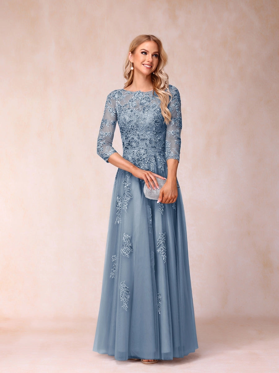 Elegant Silver-Gray A-Line Illusion-Neck Three-Quarter-Sleeve V-Back Floor-Length Mother of the Bride Dress