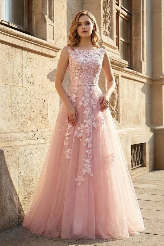 Loverlm blush pink lace tulle A-line prom dress with bateau neckline and floral appliques front view